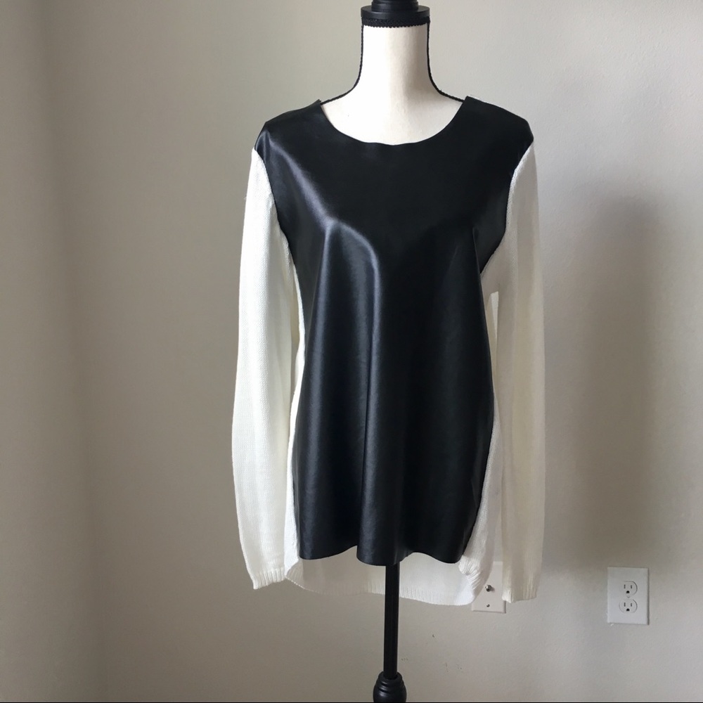 Bisou Bisou Knit Sweater with Faux Leather Front L